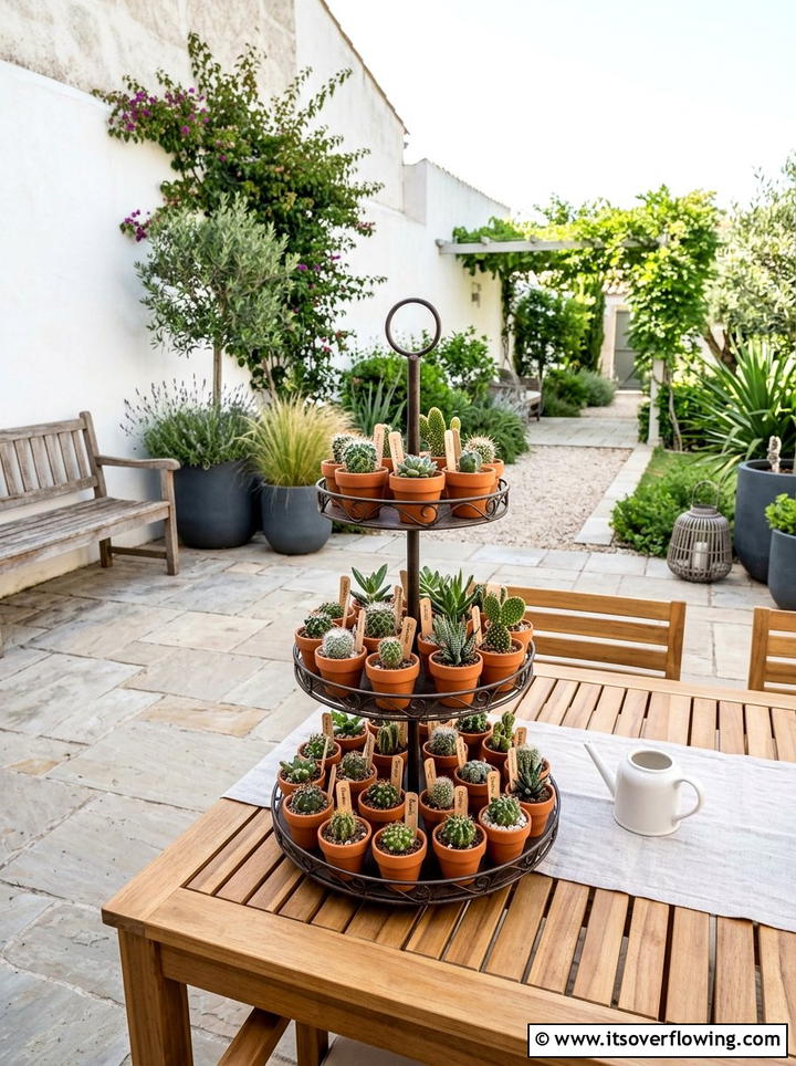 Tiered Tray Garden Display - 25 recycled garden ideas with old kitchenware