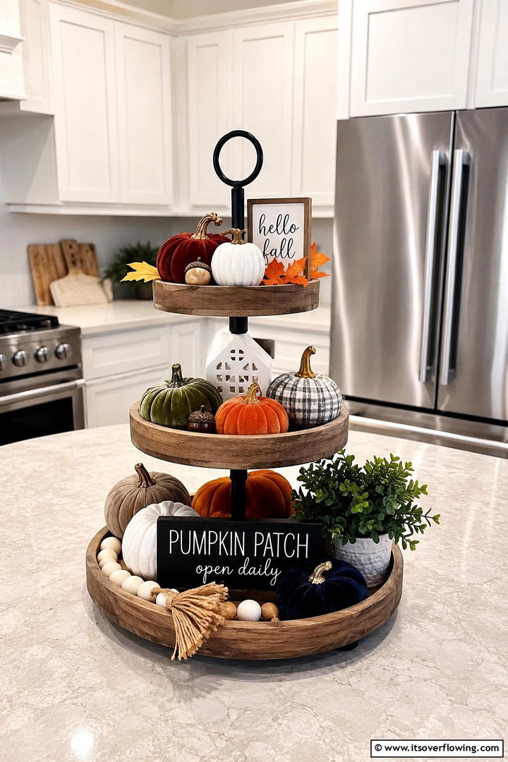 Tiered Tray Pumpkin Display - 50 Fall Pumpkin Decor Ideas for Cozy Autumn Homes Today