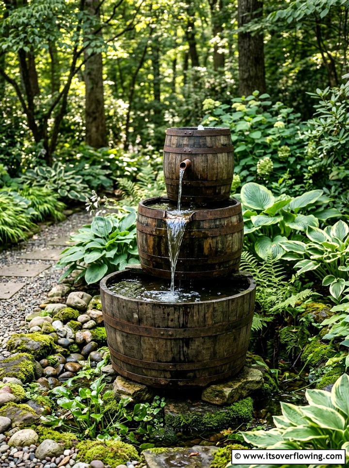 Tiered Whiskey Barrel Fountain - 25 backyard ideas with barrel planter
