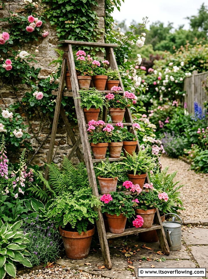 Tiered Wooden Ladder Garden - 25 recycled garden ideas with gutter garden
