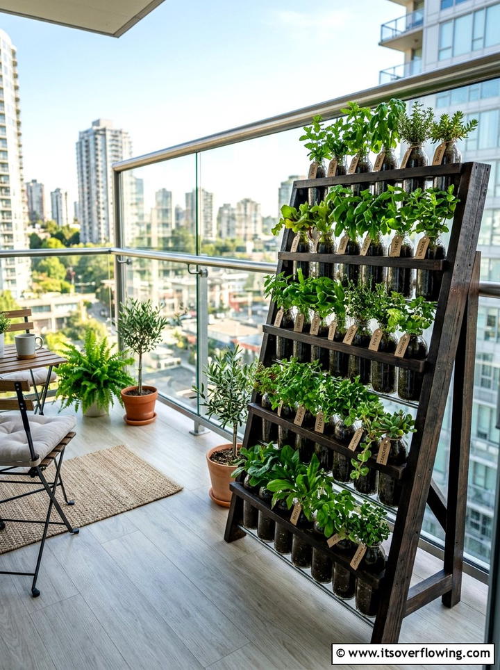 Tiered bottle planter on balcony - 25 creative garden ideas with hanging bottle planters