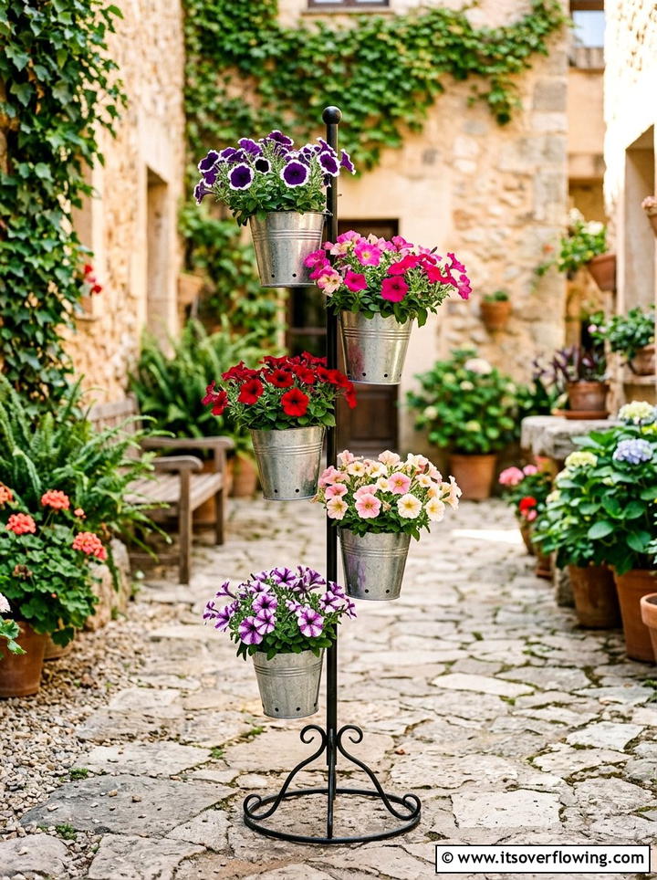 Tiered bucket plant stand - 25 upcycled garden ideas with old buckets