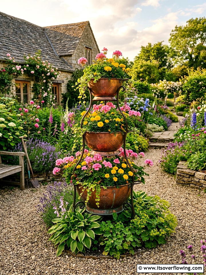 Tiered colander planter stand - 25 recycled garden ideas with old colanders