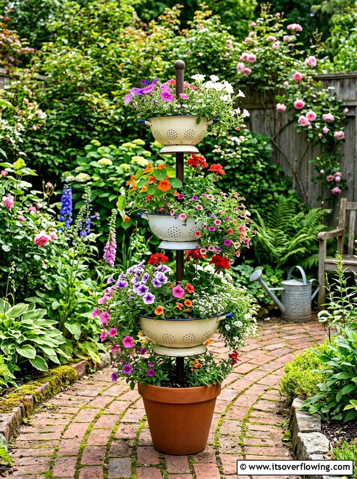 Tiered colander planter - 25 upcycled garden ideas with old colanders