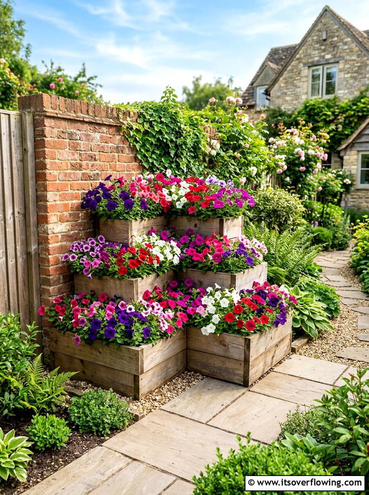 Tiered corner garden boxes - 25 backyard ideas with raised planter boxes