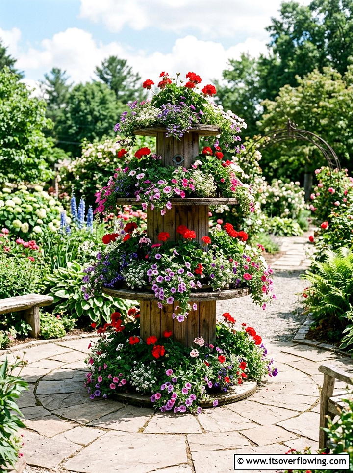 Tiered flower display - 25 recycled garden ideas with cable spools