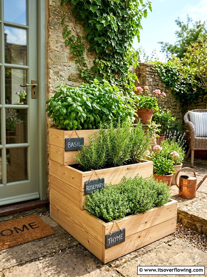 Tiered herb corner garden - 25 small garden ideas with corner planters