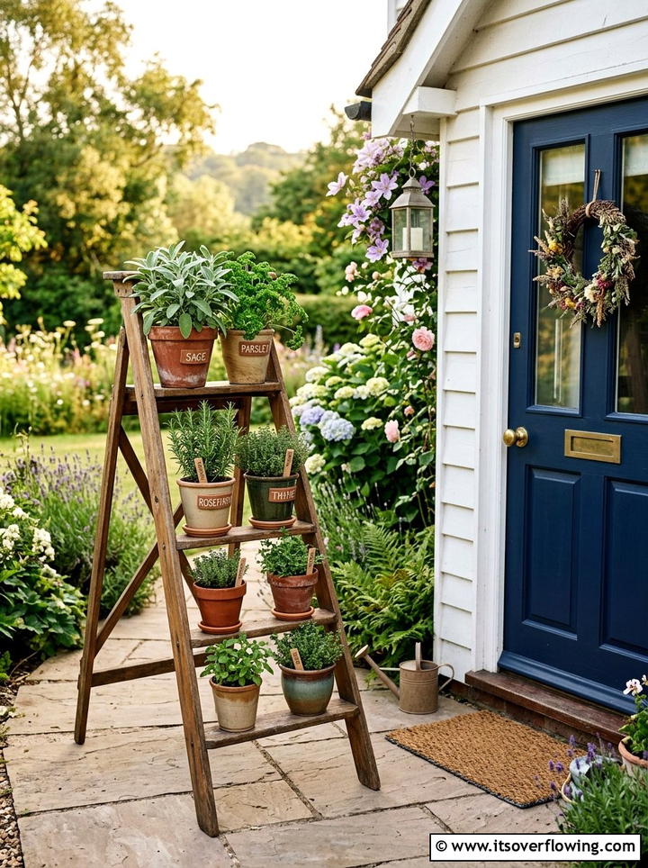 Tiered ladder herb stand - 25 front porch ideas with herb planters