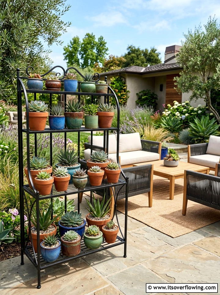 Tiered plant stand - 25 backyard decorating ideas with succulent pots