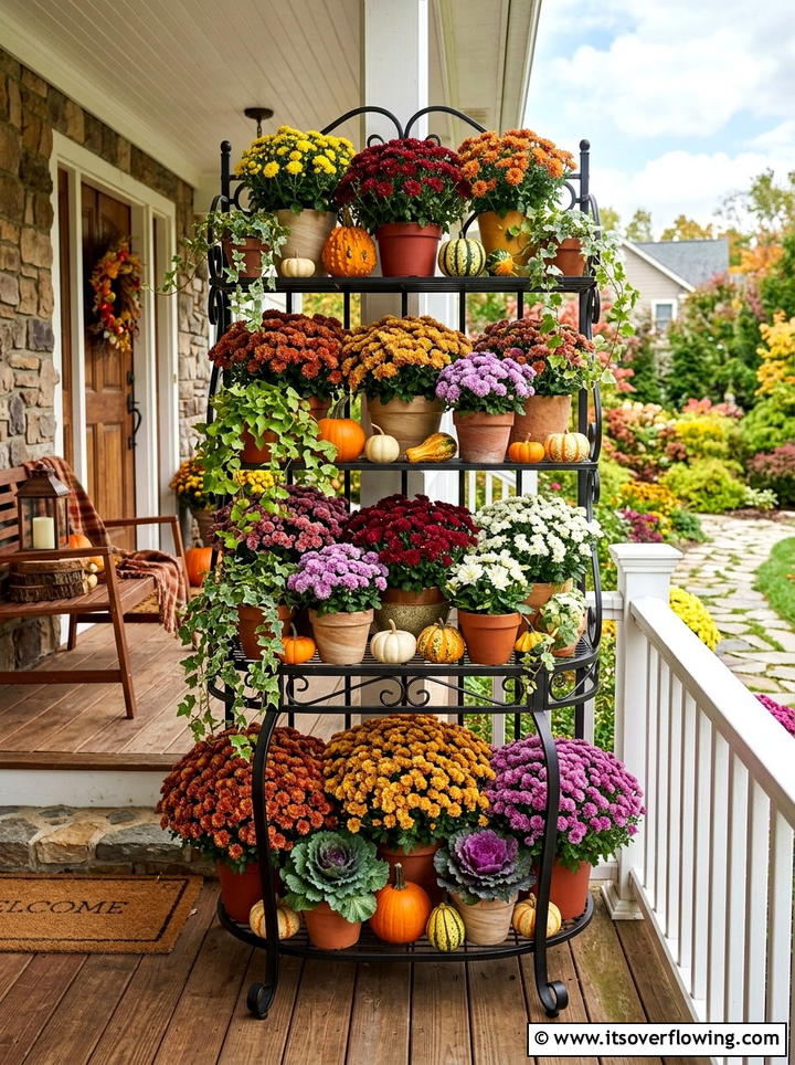 Tiered plant stand with mums - 25 front porch ideas with mums
