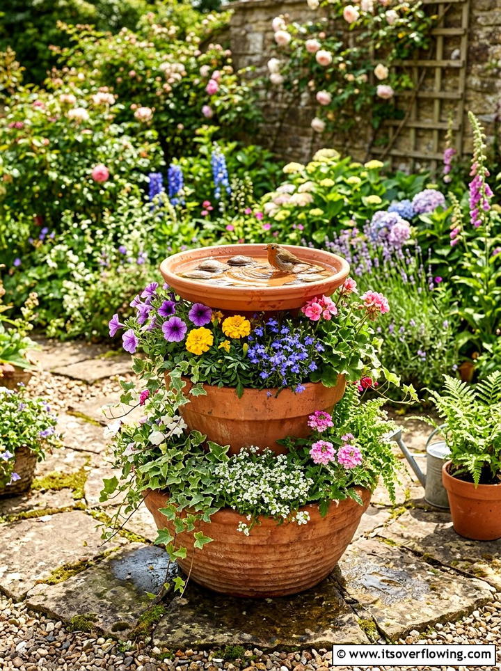 Tiered planter bird bath - 25 upcycled garden ideas with bird baths