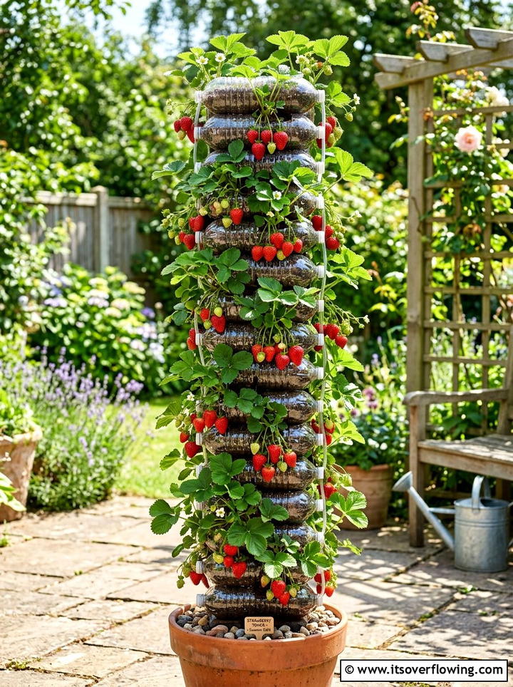 Tiered plastic bottle tower - 25 recycled garden ideas with vertical bottle wall