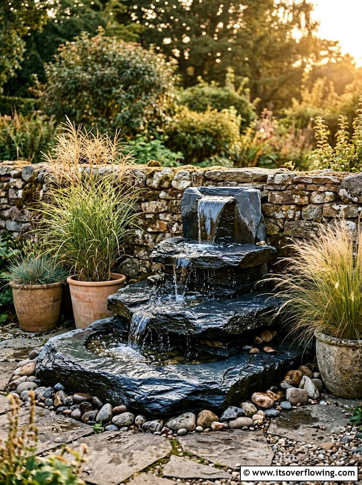Tiered slate water feature - 25 garden decor ideas with tabletop fountains