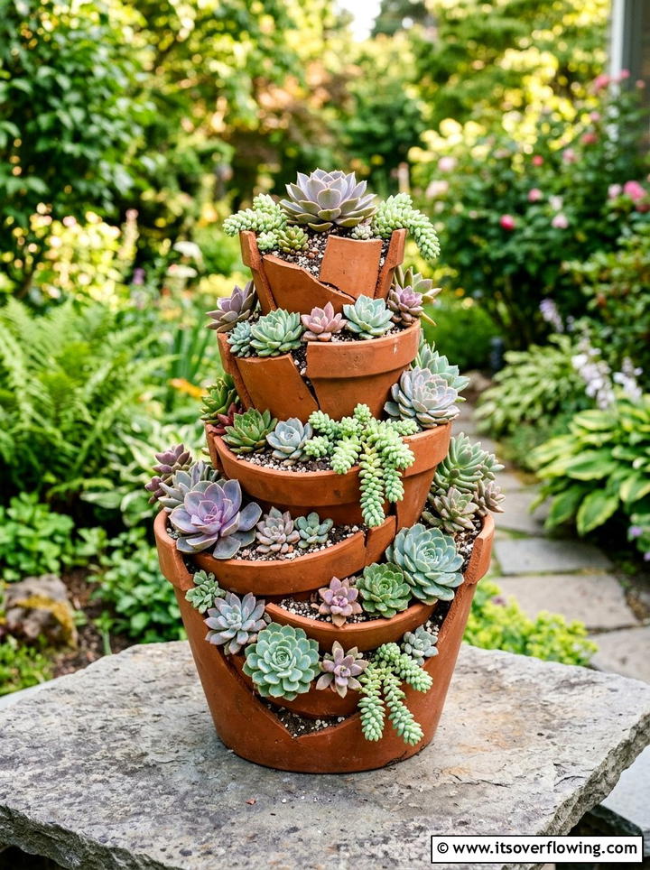Tiered succulent planter - 25 recycled garden ideas with broken pots