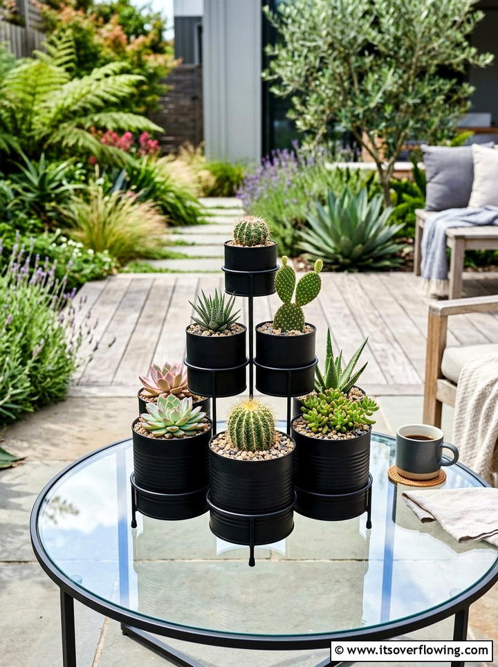 Tiered succulent planter cans - 25 recycled garden ideas with aluminum cans