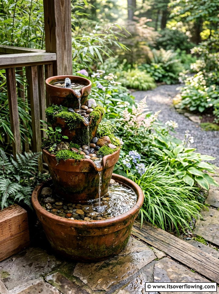 Tiered terracotta pot fountain - 25 front porch ideas with terracotta pots