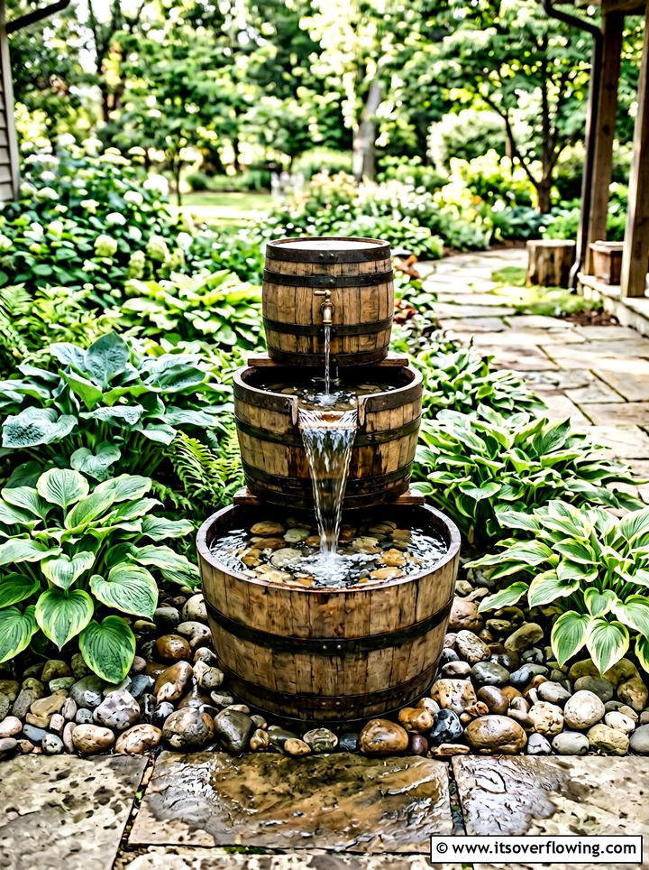Tiered whiskey barrel fountain - 25 front porch ideas with barrel planters