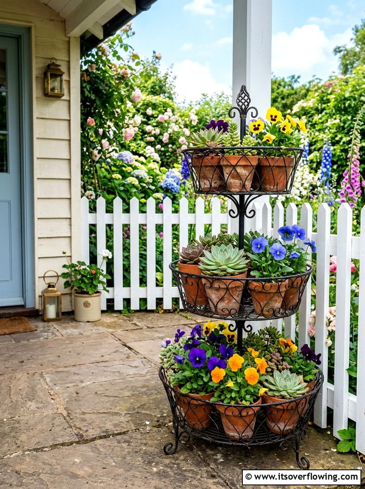 Tiered wire basket plant stand - 25 front porch decor ideas with baskets
