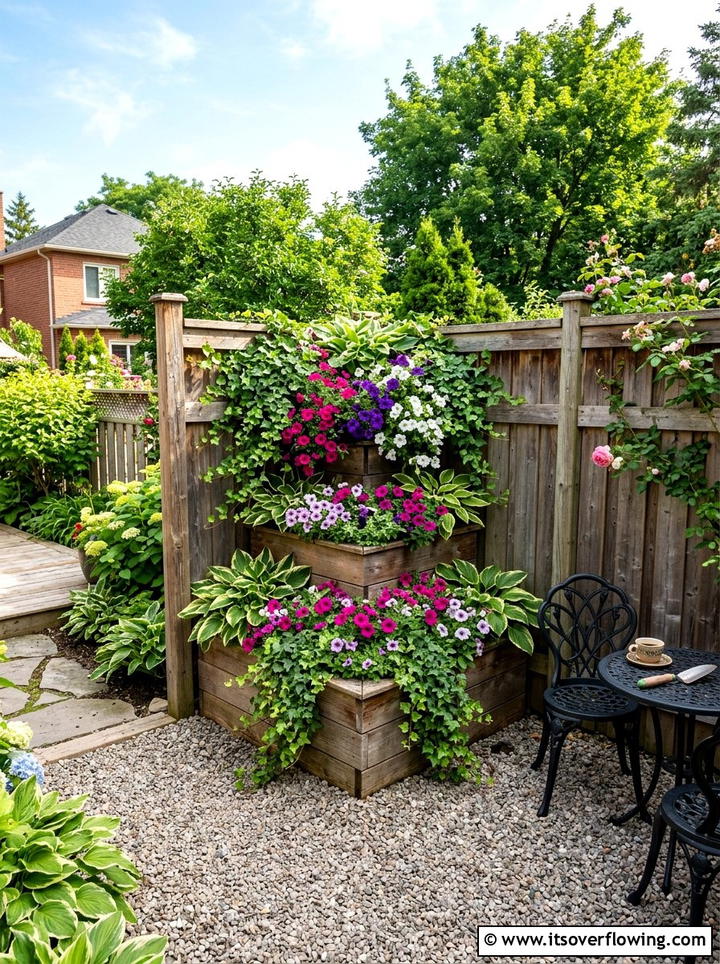 Tiered wooden corner planter - 25 small garden ideas with corner planters
