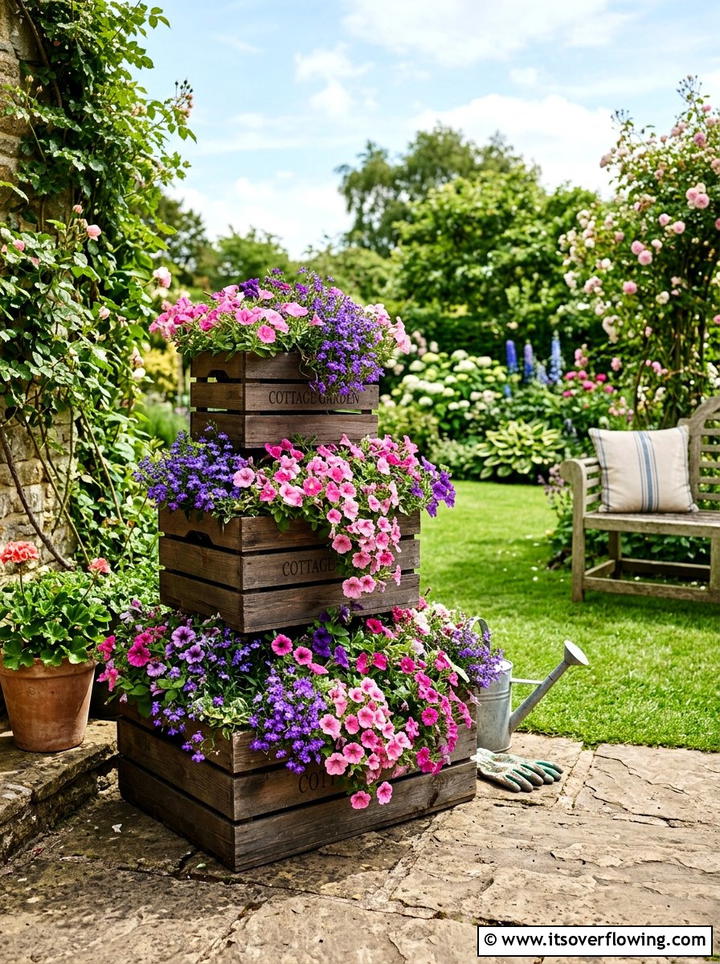 Tiered wooden crate planter - 25 garden ideas with old crates