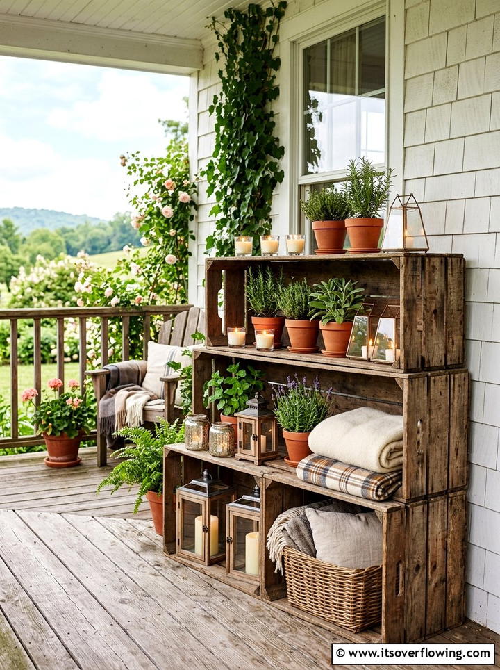 Tiered wooden crates with candles - 25 front porch decor ideas with candle holders
