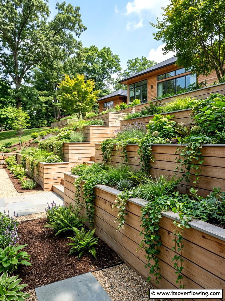 Tiered wooden retaining wall - 25 garden design ideas with asymmetry
