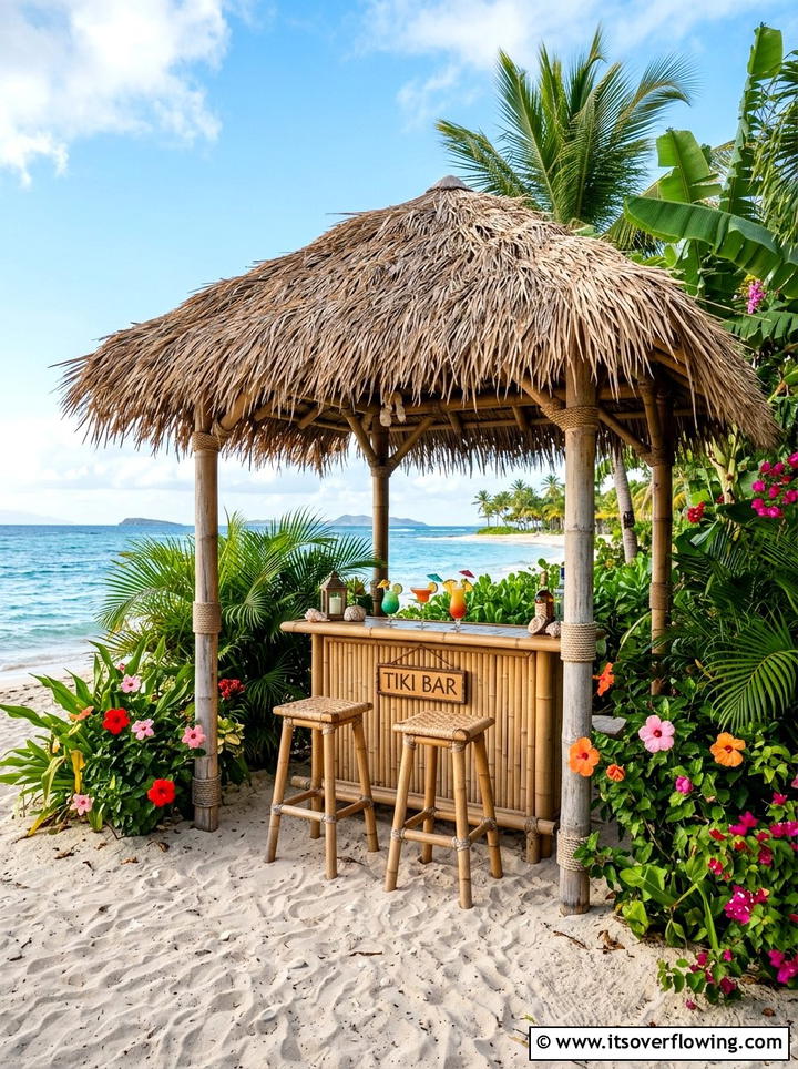 Tiki Hut Style Umbrella - 25 backyard ideas with umbrellas
