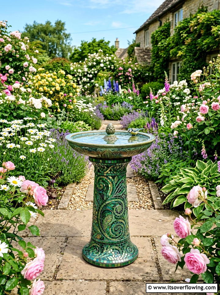 Tile birdbath base - 25 recycled garden ideas with leftover tiles
