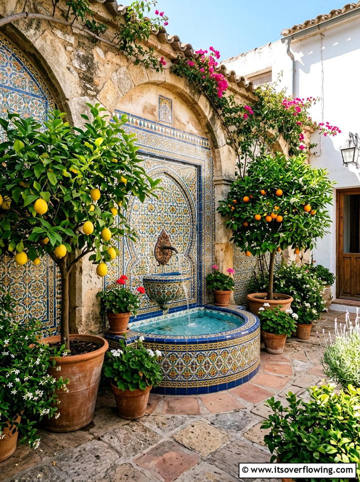 Tiled Mediterranean Wall Fountain - 25 small garden ideas with water feature