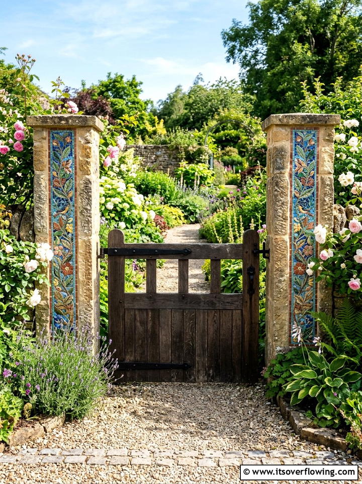 Tiled gate post accents - 25 recycled garden ideas with leftover tiles