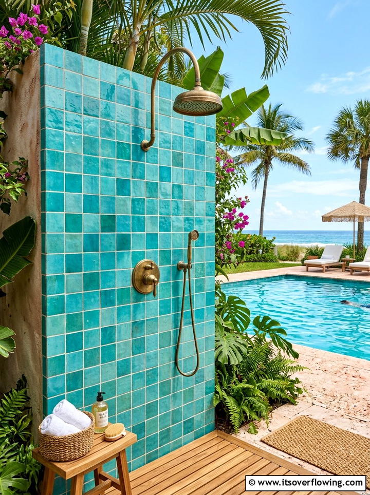 Tiled outdoor shower wall - 25 recycled garden ideas with leftover tiles