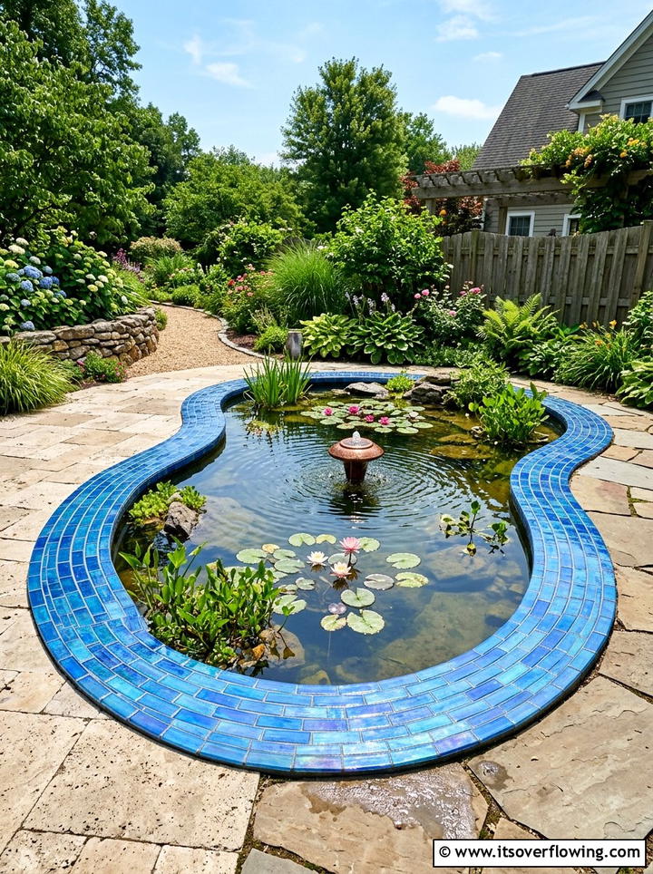 Tiled pond surround - 25 recycled garden ideas with leftover tiles
