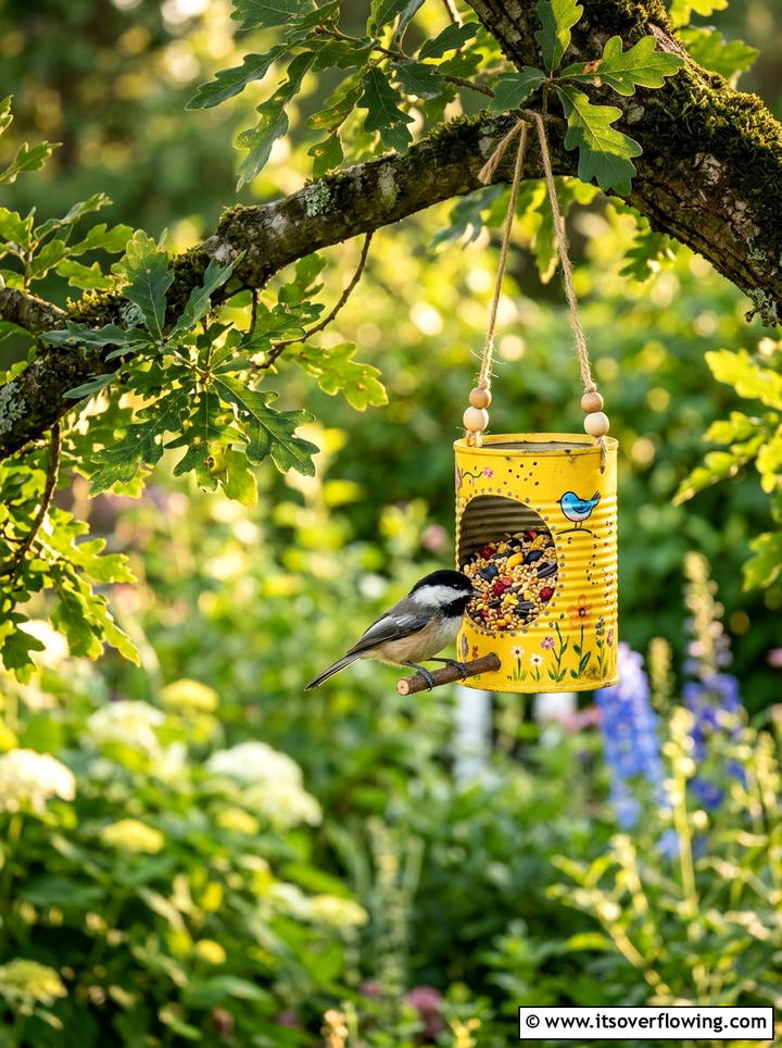 Tin Can Bird Feeder - 25 recycled garden ideas with tin cans