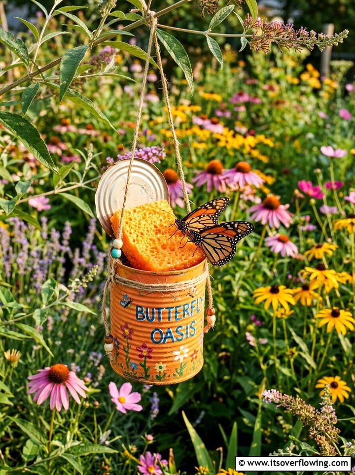 Tin Can Butterfly Feeder - 25 recycled garden ideas with tin cans