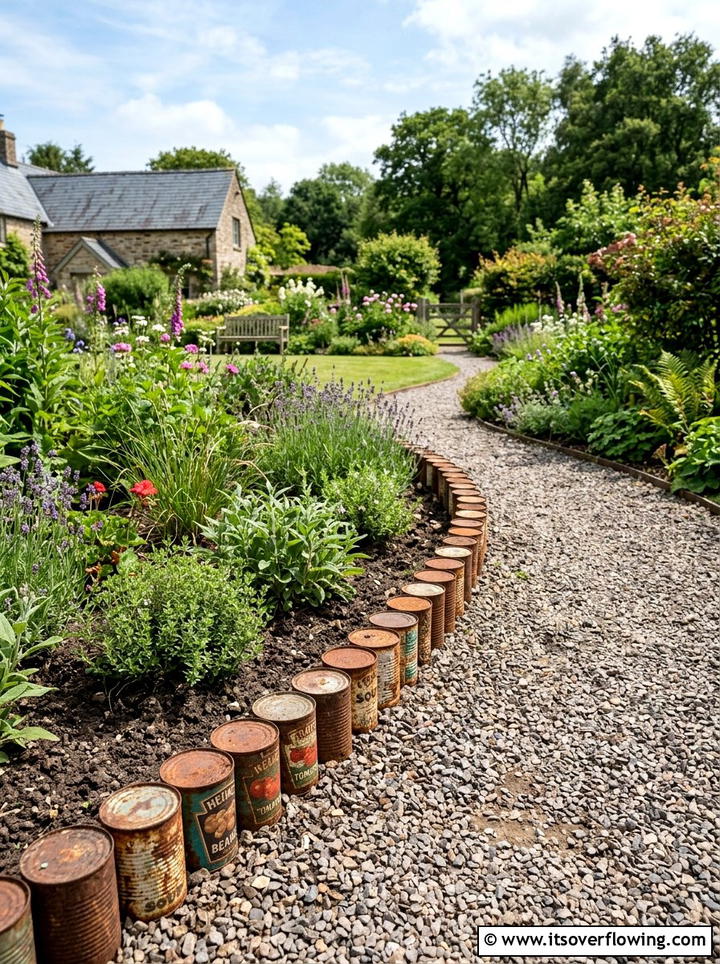 Tin Can Edging - 25 recycled garden ideas with tin cans