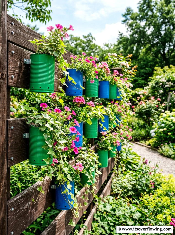 Tin Can Fence Planter - 25 upcycled garden ideas with old cans