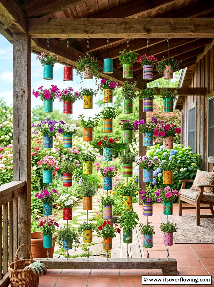 Tin Can Hanging Divider - 25 upcycled garden ideas with privacy screens