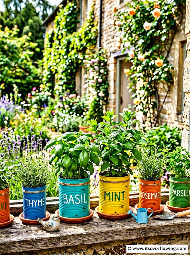 Tin Can Herb Garden - 25 upcycled garden ideas for urban gardens