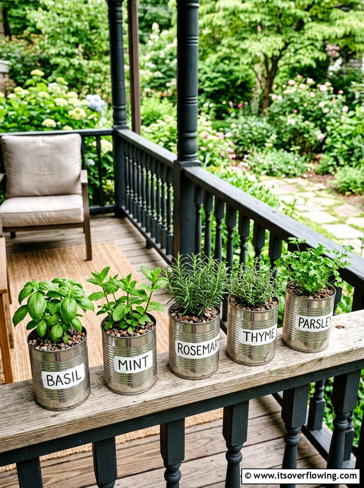 Tin Can Herb Garden - 25 recycled garden ideas diy