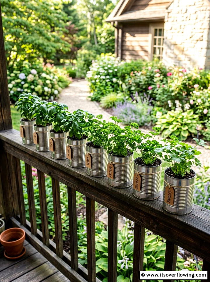 Tin Can Herb Garden - 25 recycled garden ideas for front yard decor