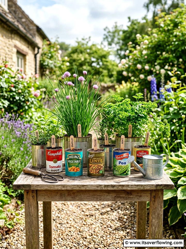 Tin Can Herb Garden - 25 cheap garden ideas with container gardening