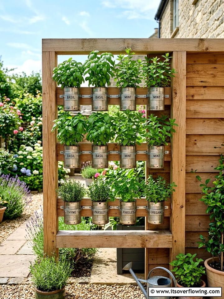 Tin Can Herb Wall - 25 recycled garden ideas with composting