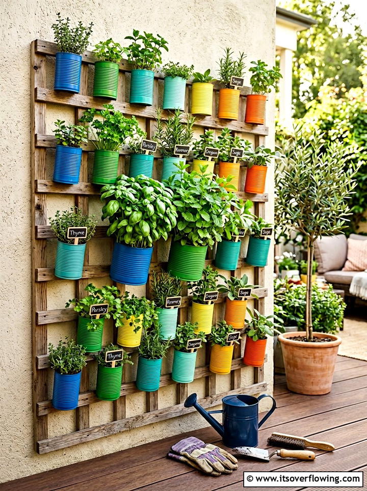 Tin Can Herb Wall - 25 upcycled garden ideas for renters