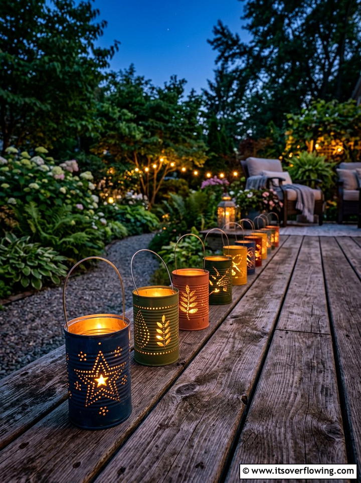 Tin Can Lantern - 25 upcycled garden ideas with pathway markers