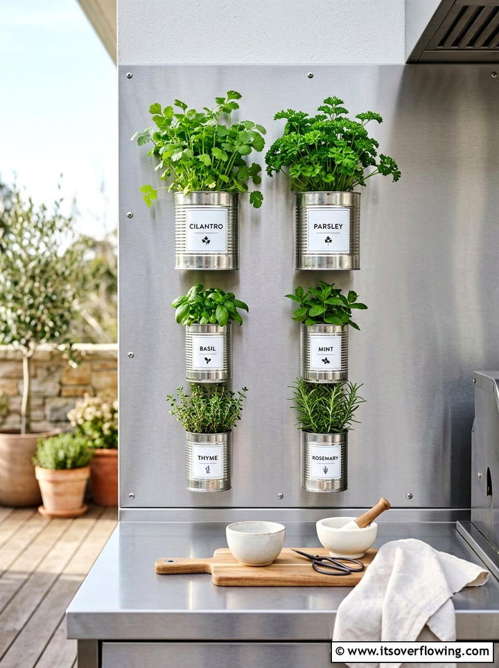Tin Can Magnetic Herb Garden - 25 recycled garden ideas with self watering planters