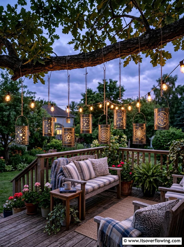 Tin Can Outdoor Lantern - 25 recycled garden ideas with recycled metal art