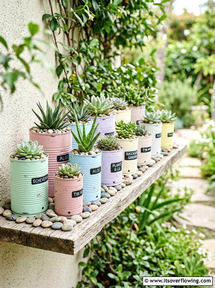 Tin Can Succulent - 25 recycled garden ideas with pebbles
