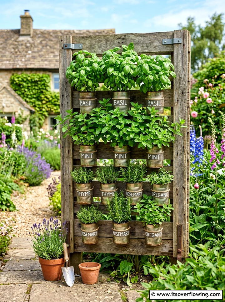 Tin Can Vertical Herb Garden - 25 recycled garden ideas with tin cans