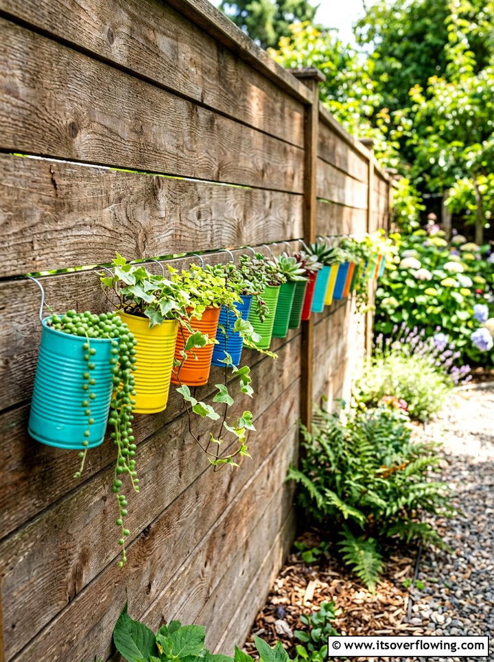 Tin can fence planter - 25 upcycled garden ideas diy