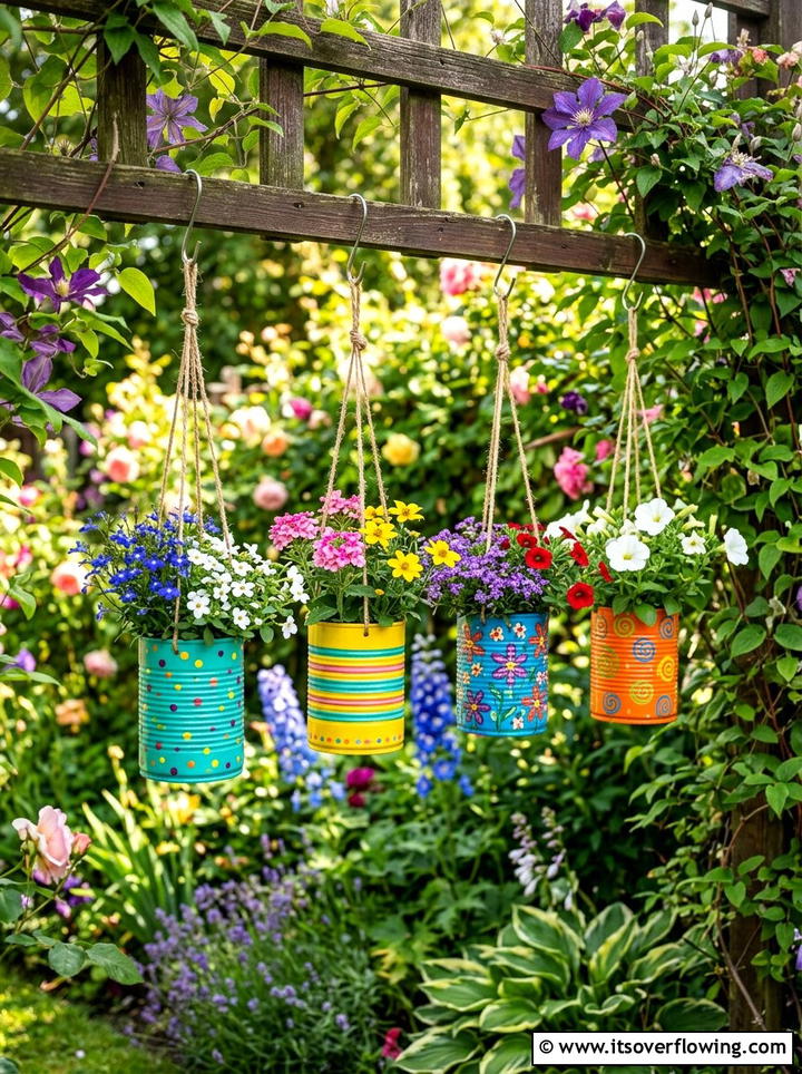 Tin can hanging baskets DIY - 25 cheap garden ideas with hanging baskets